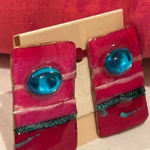 HAND MADE PINK & AQUA PIERCED SQUARE EARRING LIGHTWEIGHT NEW